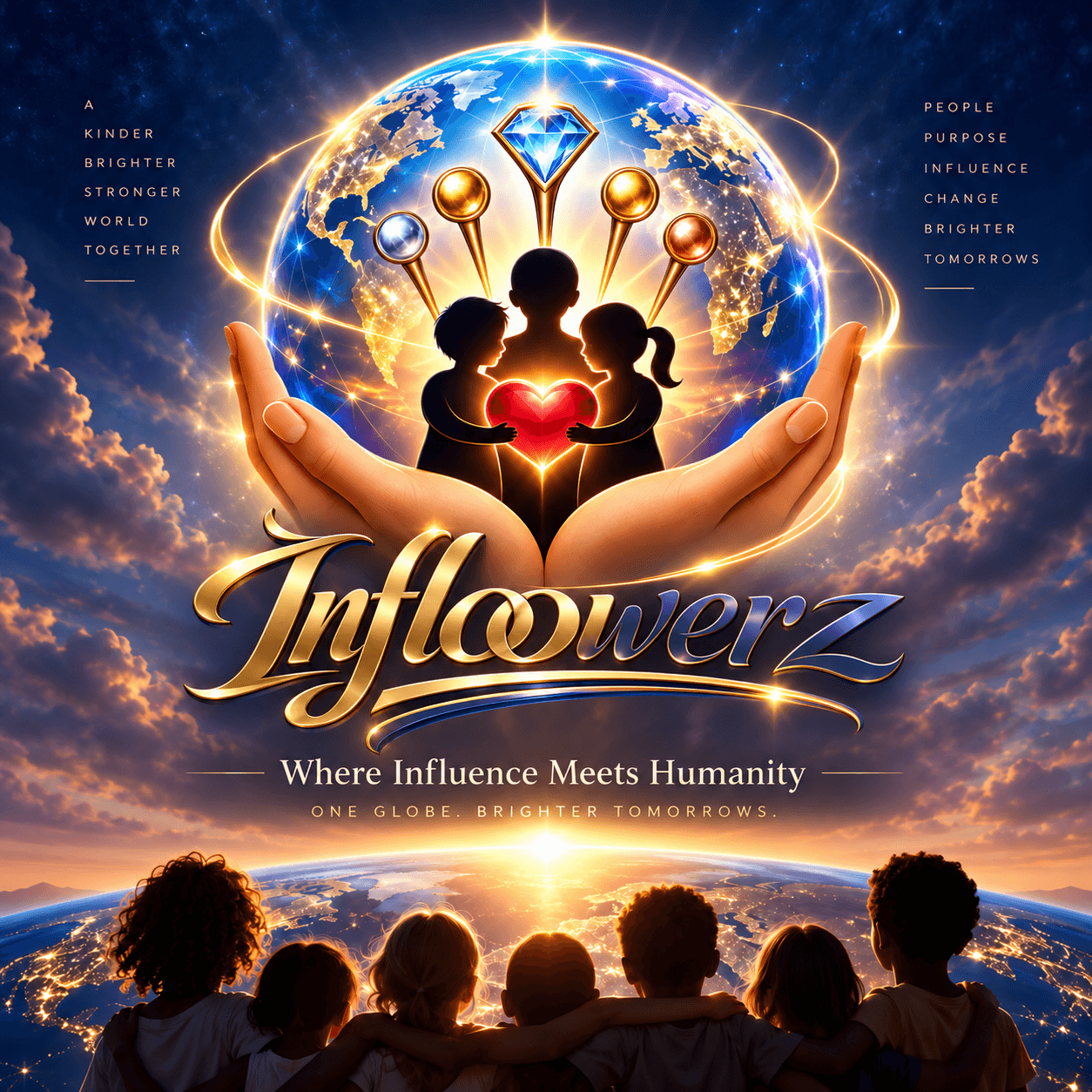 Children together looking toward an illuminated globe, with Infloowerz's vision of a kinder, brighter world.